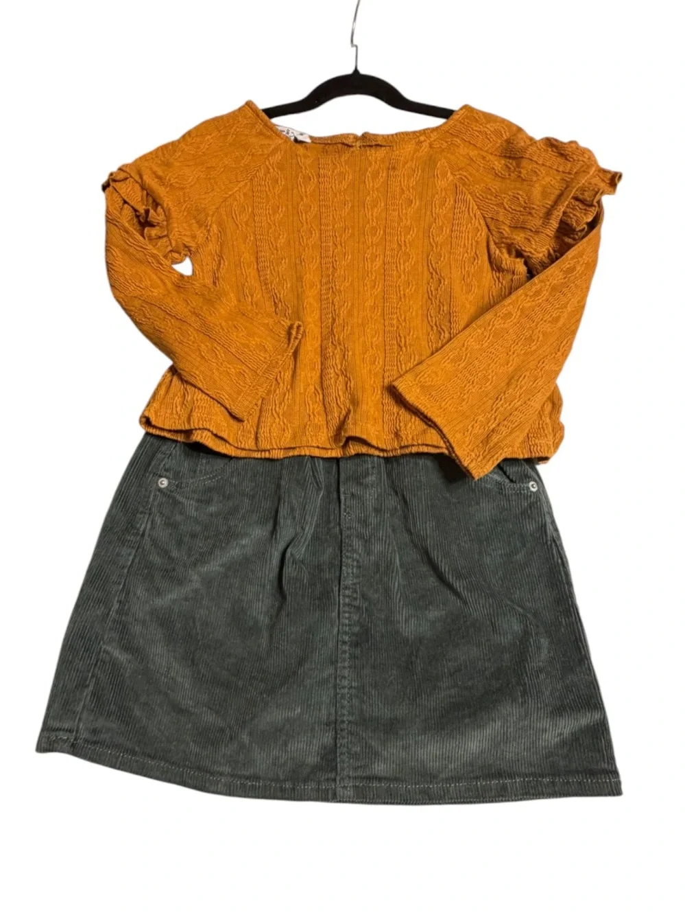 Pippa & Julie Mustard Cable Knit Ruffle Top H & M Green Corduroy Skirt NWT Sz 6